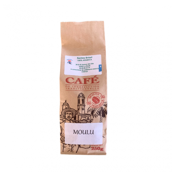 Cette image représente un paquet de café moulu santos brésil.